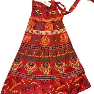 Red, Yellow Wrap Maxi Skirt Ethnic Pattern Made in India NWT